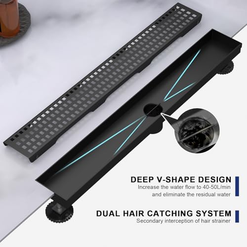 24 Inch Linear Shower Drain - Matte Black, with Removable Grate | AISI 304 Stainless Steel Shower Drain, Long Rectangle Shower Floor Drain with Adjustable Feet, Fits Bathroom & Balcony etc - color: Matte Black, size: 24 in