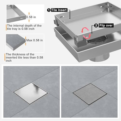 Square Shower Drain - 6 Inch Brushed Nickel, with Tile Insert Grate | AISI 304 Stainless Steel Shower Drain ,with Hair Catcher, Shower Floor Drain Fits Bathroom, Balcony - color: Brushed Nickel, size: 6 Inch