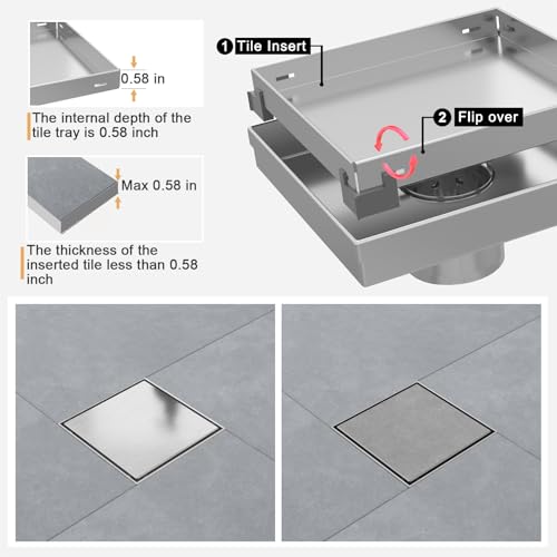 Square Shower Drain - 6 Inch Brushed Nickel, with Tile Insert Grate | AISI 304 Stainless Steel Shower Drain ,with Hair Catcher, Shower Floor Drain Fits Bathroom, Balcony - color: Brushed Nickel, size: 6 Inch