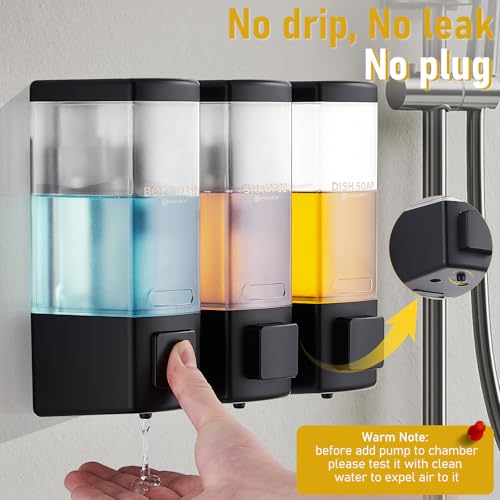 Pollock Shampoo and Conditioner Dispenser 3 Chamber * 500ML | Shower Soap Dispenser Wall Mounted, Body Wash Dispenser No Drill, Refillable Shower Dispenser for Bathroom - color: Blk-zt-53-b3