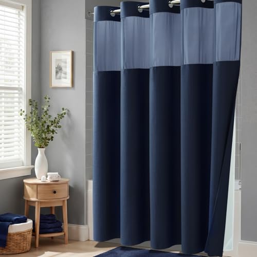 Navy Blue Hook Free Waffle Shower Curtain & Snap-in Liner,36x75 | Less Time to install, 3 in 1 Fabric Shower Curtain and Liner Set with Magnets, Stall, Shower Curtains for Bathroom - color: B Navy Blue, size: 36"W x 75"L (Pack of 1)