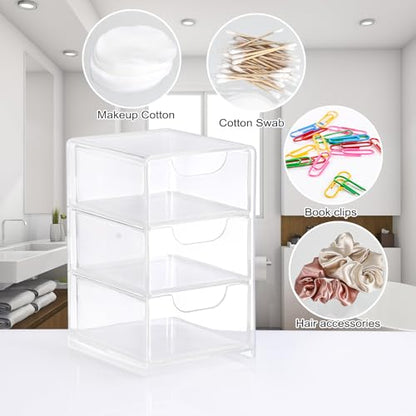 Hipiwe Clear Acrylic Drawer Organizer Bathroom Qtip Holder with 3 Drawers | Clear Desk Drawers Box for Cotton Pad, Cotton Swabs, Makeup Storage Drawer Bathroom Counter Organizer for Home Office