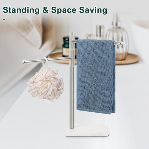 Hand Towel Holder, F-Shape Hand Towel Stand with Marble Base, Stainless Steel Swivel Hand Towel Rack Standing Towel Bar for Bathroom Kitchen Countertop, 2 Arms (Brushed Nickel) - color: Brushed Nickel