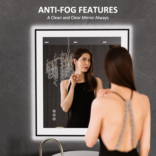 LOAAO 28"X32" LED Bathroom Mirror Black Framed | Anti-Fog, Dimmable, Memory Function, Tempered Glass, Lighted Vanity Mirror for Wall - size: 28"L x 32"W