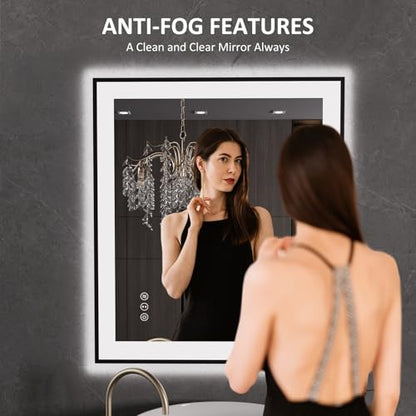 LOAAO 28"X32" LED Bathroom Mirror Black Framed | Anti-Fog, Dimmable, Memory Function, Tempered Glass, Lighted Vanity Mirror for Wall - size: 28"L x 32"W