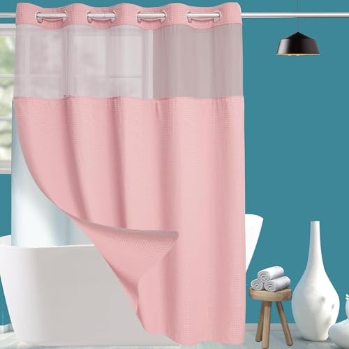 Conbo Mio Extra Long No Hook Waffle Weave Shower Curtain with Snap in Liner Set, Hotel Luxury Pink Shower Curtains for Bathroom with See Through Top Window, Waterproof, Washable 71W x 84H - color: Waffle-pink, size: 71"W x 84"L (Pack of 1)