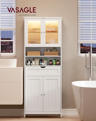 VASAGLE Storage Cabinet with LED Lights, Freestanding Storage Unit with Adjustable Shelves, Drawer, Open Compartments, for Bathroom, Living Room, Kitchen, Cloud White UBBC767WH01S - size: 11.8"D x 23.6"W x 69.9"H, style: 4 Doors + 2 Open Compartments+LED