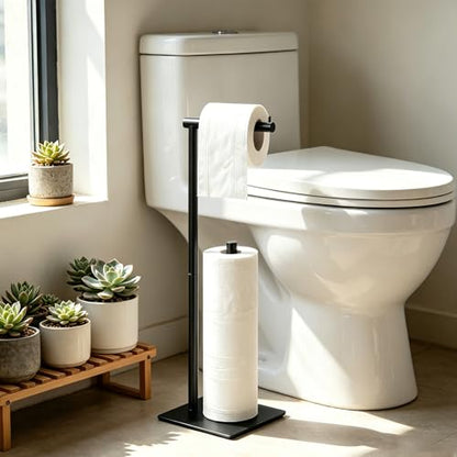 Black Toilet Paper Holder Stand Metal Toilet Paper Roll Holder with Reserve, Freestanding TP Holder Toilet Paper Storage Holder