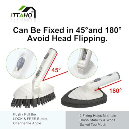 Tile Tub Scrubber Brush with 4 Cleaning Heads,59" Long Handle Stiff Bristles Scrub Brush with Extendable Pole, Rotatable Detachable Scrub Brush for Shower,Tile, Tub,Bathroom,Walls,Sink