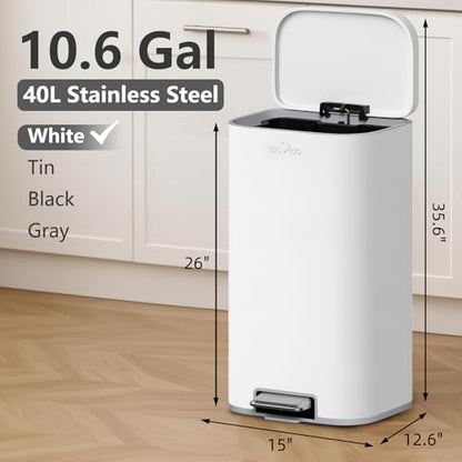 mVm 10.6 Gal Kitchen Trash Can, Step Trash Can with Lid, Smooth Edge Garbage Bin for Home Office (White) - color: White, size: 10.6Gal