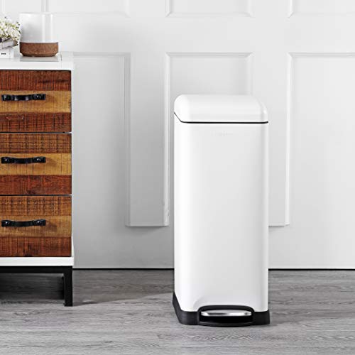happimess Betty 8 Gal Step Trash Can Soft-Close Lid, Cotton White | Fingerprint Resistant, Removable Liner, Semi-Rectangular, Steel Pedal, Iron Powder Coated, 27" Height, Non-Skid Base - color: White