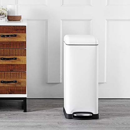 happimess Betty 8 Gal Step Trash Can Soft-Close Lid, Cotton White | Fingerprint Resistant, Removable Liner, Semi-Rectangular, Steel Pedal, Iron Powder Coated, 27" Height, Non-Skid Base - color: White