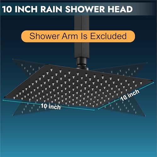 Midanya Square Rain Shower Head,High Pressure,Matte Black 10 Inch | 360°Swivel,Ceiling or Wall Mount,Waterfall Full Body Coverage,Bathroom Remodel,Stainless Steel Large Rainfall Shower Head - color: Black, size: 10 Inch
