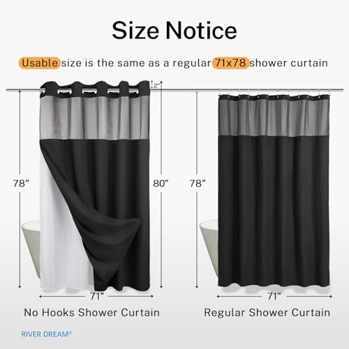 RiverDream Heavyweight Waffle No Hook Shower Curtain with Liner,Black,71x80 | Dotted Waffle,Snap-in Liner,Heavy Duty,Quick Dry,Mesh Top Window,With Bottom Magnets,Hotel-Grade,Washable,Long Size - color: Black, size: 71"W x 80"L (Pack of 1)
