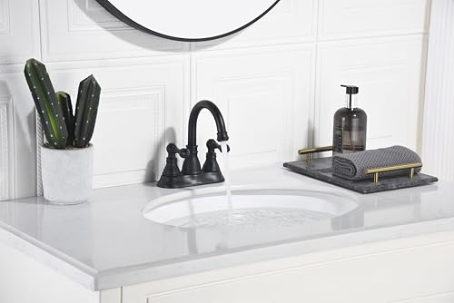 Matte Black 4 Inch Centerset Bathroom Sink Faucet 3 Hole with Pop up Drain | Derengge High Arc Classic 2-Handle Bathroom Faucet, Vanity Lavatory Faucet with 360° Swivel Spout，F-4501-MT - color: Matte Black
