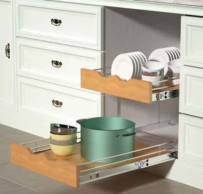 DINDON 2 Tier Pull Out Cabinet Organizer (11" W x 21" D) Slide Out Wood Shelf Organizers Double Tier Kitchen Wire Basket with Chrome Finish… - size: 11'' W X 21'' D