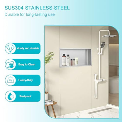 24x12x4 Inch Brushed Nickel Shower Niche, No Tile Needed Recessed Wall Niche for Bathroom Storage, Stainless Steel Shower Shelf Insert Tile Ready, Brushed Nickel Shower Shelves - size: 24x12" - Brushed Nickel
