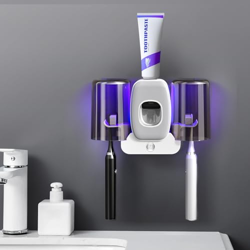LXIANGN 3 in 1 Toothbrush Cleaner Holders,Rechargeable Wall Mounted Toothbrush Holder Toothpaste Dispenser Automatic 2 Cups Tooth Brush Holder for Bathroom, No Drilling, 4 Slots, Grey - color: Grey