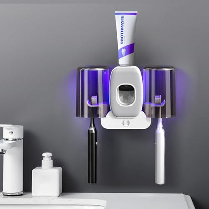 LXIANGN 3 in 1 Toothbrush Cleaner Holders,Rechargeable Wall Mounted Toothbrush Holder Toothpaste Dispenser Automatic 2 Cups Tooth Brush Holder for Bathroom, No Drilling, 4 Slots, Grey - color: Grey