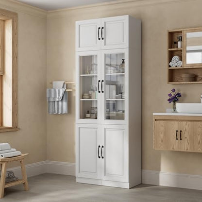 Sweet Memory 86 Inch Tall Bathroom Storage Cabinet, Thin Bathroom Organizer with 5 Tier Shelves and Glass Door, Freestanding Small Space Storage Cabinet for Bedroom, Laundry Room, Kitchen
