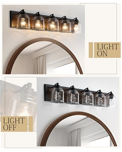 5-Light Bathroom Vanity Lights Large 40" with Bubble Glass Shades | Farmhouse Rustic style, Hand-Painted Brown Wood-Grain Metal Backplate, E26 Ceramic Socket, UL&ETL, mount up/down, over mirror - color: Brown, size: 5-Light