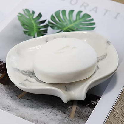 White Marble Texture Soap Dish Ceramic Soap Holder Self Draining Soap Dish Waterfall Slot Sponge Holder Bathroom Accessories for Bathroom, Kitchen,Bar Counter. - color: Marble White