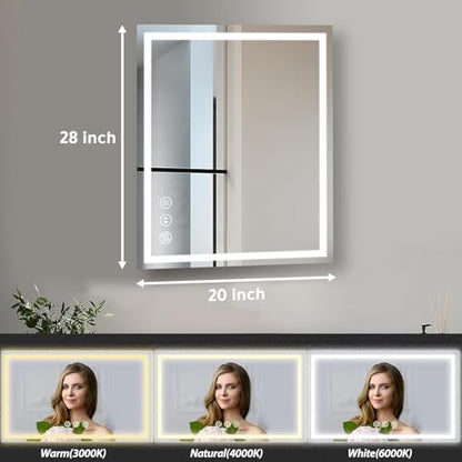 ROOMTEC 20x28 Inches LED Bathroom Mirror with Lights, Vanity Mirror with Front and Backlight, Smart Dimmable Anti-Fog LED Mirror for Bathroom, Memory Function, Tempered Glass (Horizontal/Vertical) - size: 20"L x 28"W