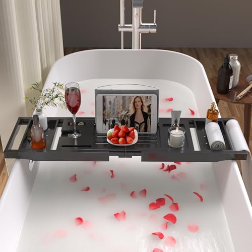 Bathtub Tray Caddy, Expandable Bamboo Bath Tray for Tub | Foldable Bath Table Trays with Non-Slip Pads, Bathroom Spa Accessories, Ideal Gift for New Home & Mom's Birthday, Black - color: Black