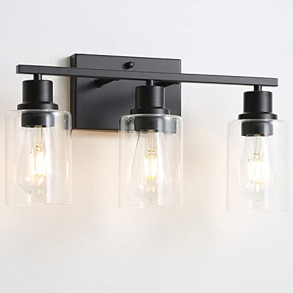 Bathroom Vanity Light Fixtures, 3-Light Matte Black Bathroom Lights, Wall Sconces with Clear Glass Shade for Hallway Farmhouse Bedroom Living Room - color: Black 3-Light