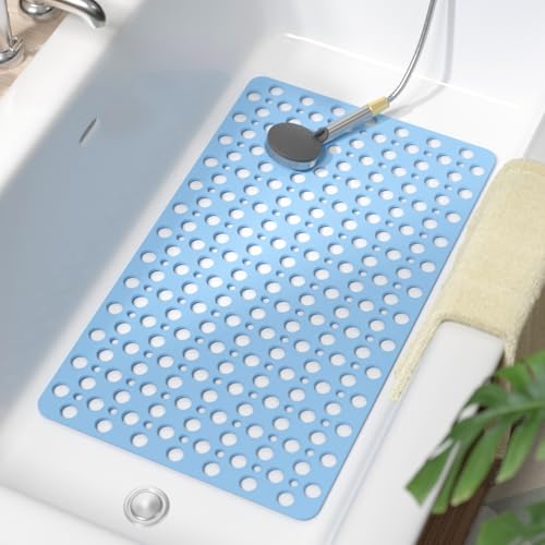 HITSLAM Bathtub Mat Non Slip, 30 x 17 Inch TPE Bath Mat for Tub, Efficient Drainage Bathroom Shower Mat with Suction Cups, Bath Tub Mat, Soft on Feet and Easy to Clean, Blue - color: Blue, size: 30" x 17" (Rectangular)