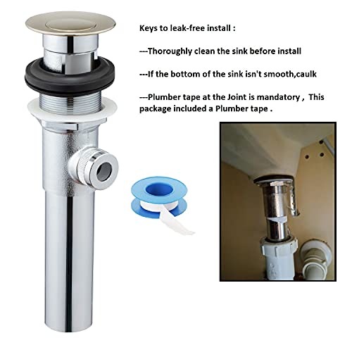 Sink Pop-Up Drain Stopper Assembly with Lift Rod and Overflow, Solid Brass Lavatory Pop Up Drain Assembly for Bathroom Vanity Sink, All Brass Construction (Brushed Nickel) - color: Brushed Nickel