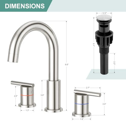 Faustina 3 Hole Bathroom Faucet, Brushed Bathroom Faucets for Sink 3 Hole/Double-Handle/8-Inch Widespread Bathroom Faucet, Stainless Steel Bathroom Vanity Faucet(Pop Up Drain/Supply Line), Brushed - color: Brushed, style: Modern Widespread