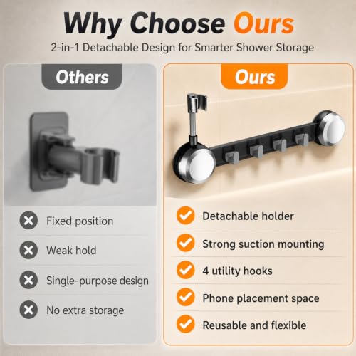 Suction Cup Handheld Shower Head Holder with 4 Hanger Hook Wall Mount, Adjustable Handheld Shower Head Mount Removable for Large & Heavy Shower Heads - Bathroom Wall Mounted Shower Wand Holder