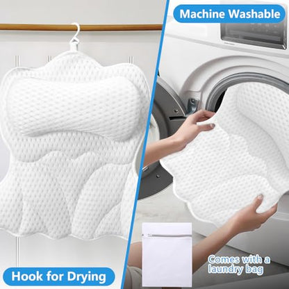 REEZEIVI Bath Pillows for Tub,Thick Neck Back Support Bathtub Cushion,White | 4D breathable body-fitting mesh, 6 strong anti-slip suction cups, machine washable & quick drying, durable for all bathtubs - color: White