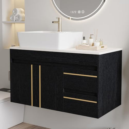 36” Floating Bathroom Vanity with Ceramic Sink, Wall-Mounted Plywood Cabinet with 2 Doors & 2 Drawers, White Left Side Vessel Sink, Soft-Close Storage Vanity, Side White - color: Side White