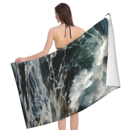The Sea Waves Bath Towel Super Absorbent Beach Towels Microfiber Bathroom Towel 32 x 52 Inch - color: The Sea Waves