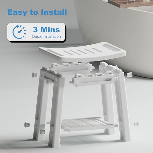 Shower Chair for Inside Shower, Shower Stool with Anti-Slip Foot Covers hold 400 lbs, HDPE Bath Seat with Bottom Storage Rack & Portable Armrest, Bench Chair for Adults, Elderly & Disabled, Light Gray