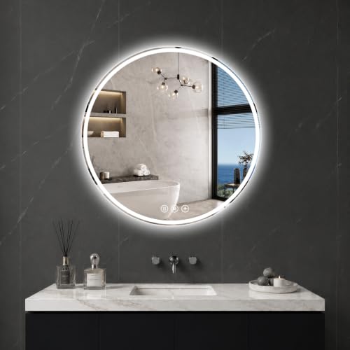 Round LED Bathroom Mirror, 24 Inch, HD Shatterproof Tempered Glass | Lighted Bathroom Mirror with Dimmable Lights Bathroom Mirror with Lights for Wall, 3 Color Temperatures - size: 24"L x 24"W