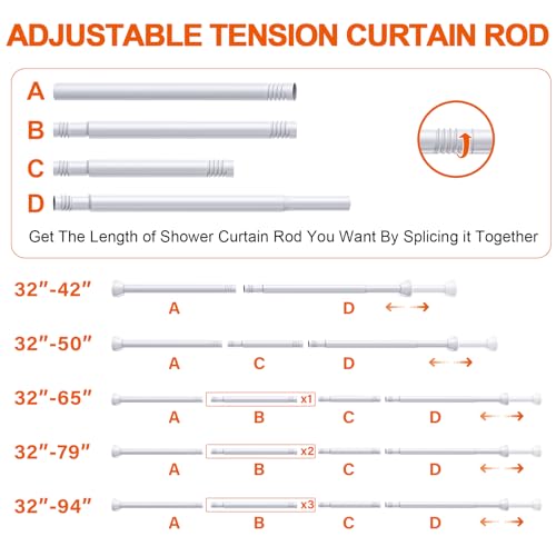 TEECK Shower Curtain Rod, 32-94 inch Adjustable Tension Spring, 1 Inch Shower Curtain Rod Tension, Anti-Slip, Rust-Proof, No Drilling, for Bathroom, White - color: White, size: 32-94 Inches
