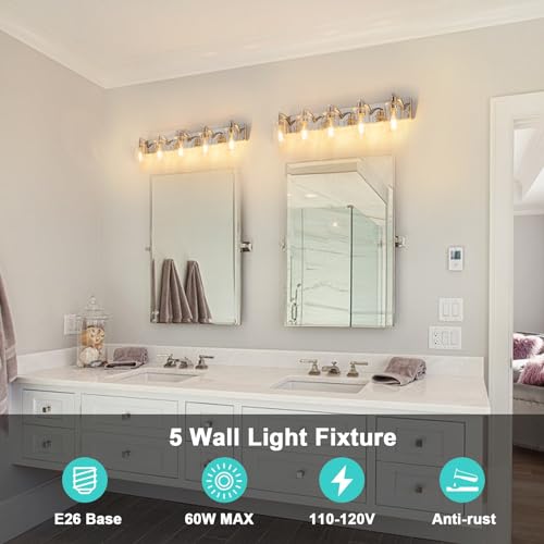5-Light Bathroom Light Fixtures Modern Chrome Vanity Lights | Easy to Install Clear Glass Shades, Wall Mount Up or Down, E26 Socket, Hardwired, 128V - color: Chrome, size: 5 Lights