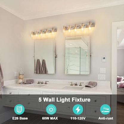5-Light Bathroom Light Fixtures Modern Chrome Vanity Lights | Easy to Install Clear Glass Shades, Wall Mount Up or Down, E26 Socket, Hardwired, 128V - color: Chrome, size: 5 Lights