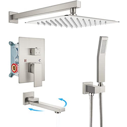 gotonovo Tub Shower Faucet Set with Valve Kit 10’’ Head,Brushed Nickel | Shower System with Tub Spout,SUS304 Rain Head with Handheld Sprayer,Swivel Spout,All Metal,Rough-In Valve Trim Kit,Wall Mount - color: Nickel, size: 10’’ Head