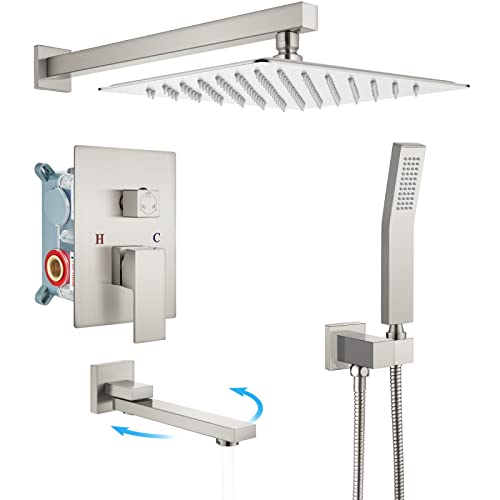 gotonovo Tub Shower Faucet Set with Valve Kit 10’’ Head,Brushed Nickel | Shower System with Tub Spout,SUS304 Rain Head with Handheld Sprayer,Swivel Spout,All Metal,Rough-In Valve Trim Kit,Wall Mount - color: Nickel, size: 10’’ Head