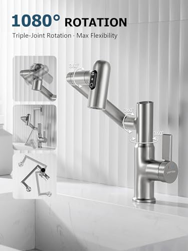 Rotatable Bathroom Faucet with Temperature Display in Fahrenheit (Batteries-Free), 3 Water Outlet Modes, Brushed Nickel - color: Silver