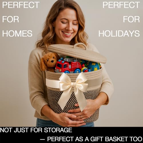 Yimi's Dream Cotton Rope Storage Basket with Lid, Brown & Black Soft Bin | Round Woven Lidded Basket for Blankets, Toys, Laundry, Nursery, Living Room, and Home Organization(11.5''D * 13.5''H) - color: 1 PACK-Brown&Black-LIDDED