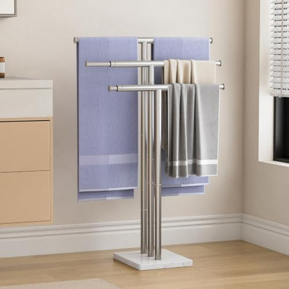 ELYKEN Standing Towel Rack for Bathroom, Adjustable 3-Tier Towel Stand | Weighted Marble Base, Brushed Stainless Steel, Freestanding Design, Holds Bath Towels, Rust Resistant, Ideal for Bathroom - size: 3 Tiers