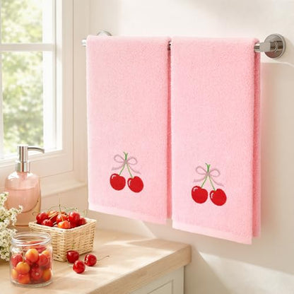 SmoothNovelty 2 Pcs Cherry Hand Towels Light Pink Bathroom Decor 14x29 Inch Embroidered 100% Cotton Soft Absorbent Spring Summer Decorative Hand Towels for Bathroom Kitchen - style: Cherry