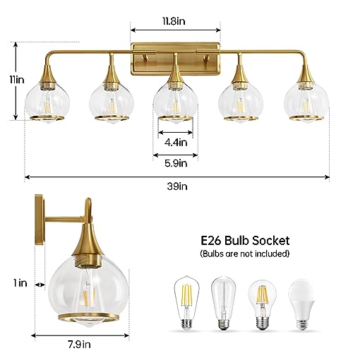 Gold Bathroom Vanity Light 5-Lights Bathroom Light Fixtures Over Mirror with Clear Glass Shade 39.2 inch Wall Sconce Lighting Bath(Exclude E26 Bulb) - color: Gold, size: 5 Light