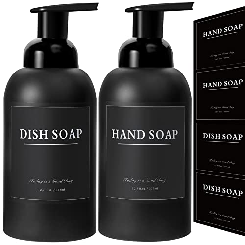 2 Pack Foaming Soap Dispenser, 12.7 Oz Thick Glass Pump, Matte Black | Refillable Foam Soap Bottles for Hand Soap and Body Wash, Ideal for Bathroom Countertop, Kitchen Sink and More - color: Black