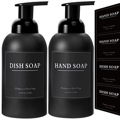 2 Pack Foaming Soap Dispenser, 12.7 Oz Thick Glass Pump, Matte Black | Refillable Foam Soap Bottles for Hand Soap and Body Wash, Ideal for Bathroom Countertop, Kitchen Sink and More - color: Black